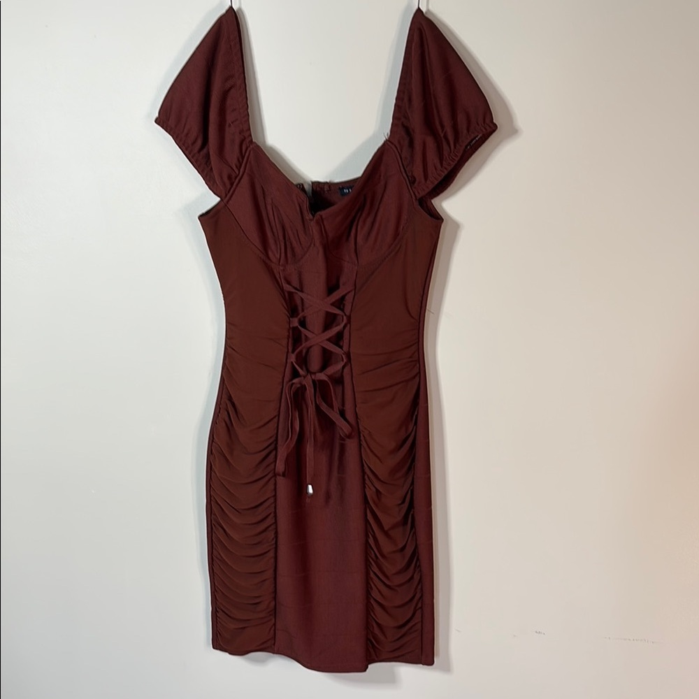 Haute Monde Brown Lace-Up Mini Dress